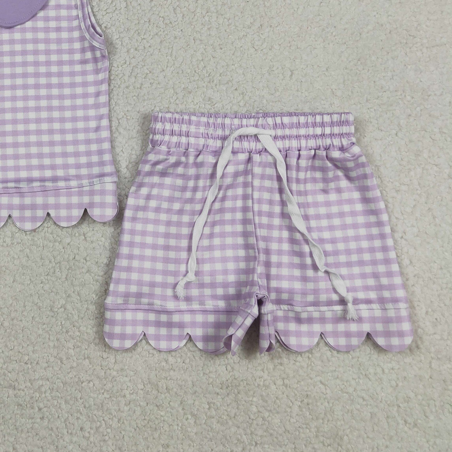 RTS NO MOQ milk silk GSSO3396 Baby Girls Lavender Check Collar Sleeveless Top Scallop Hem Shorts Set