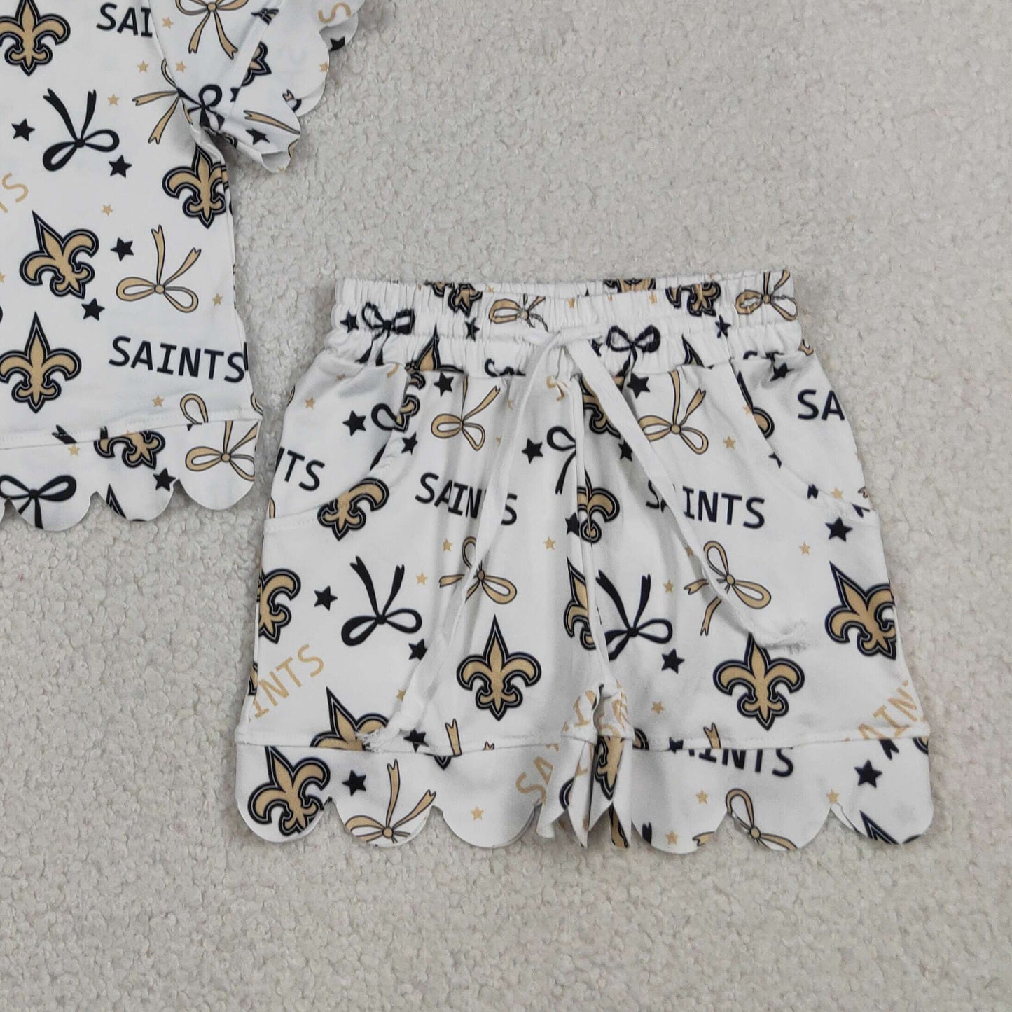 RTS NO MOQ milk silk GSSO3561 Baby Girls Star Bow Print Top Pocket Scallop Short Team Set