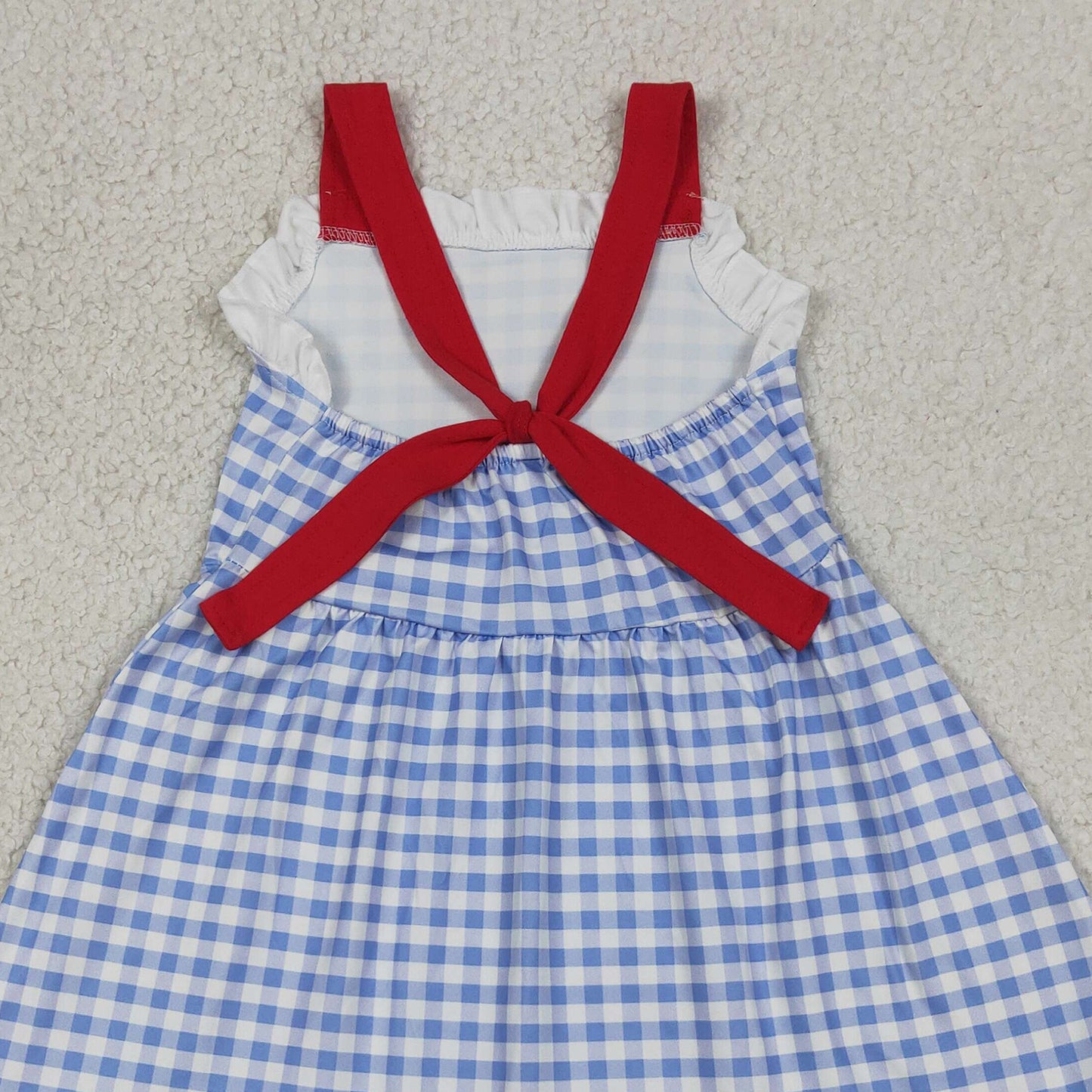 RTS NO MOQ milk silk GSD3843 Baby Girls Blue Checked Strap Knee Length Dress Back Bows 4th of July Outfit