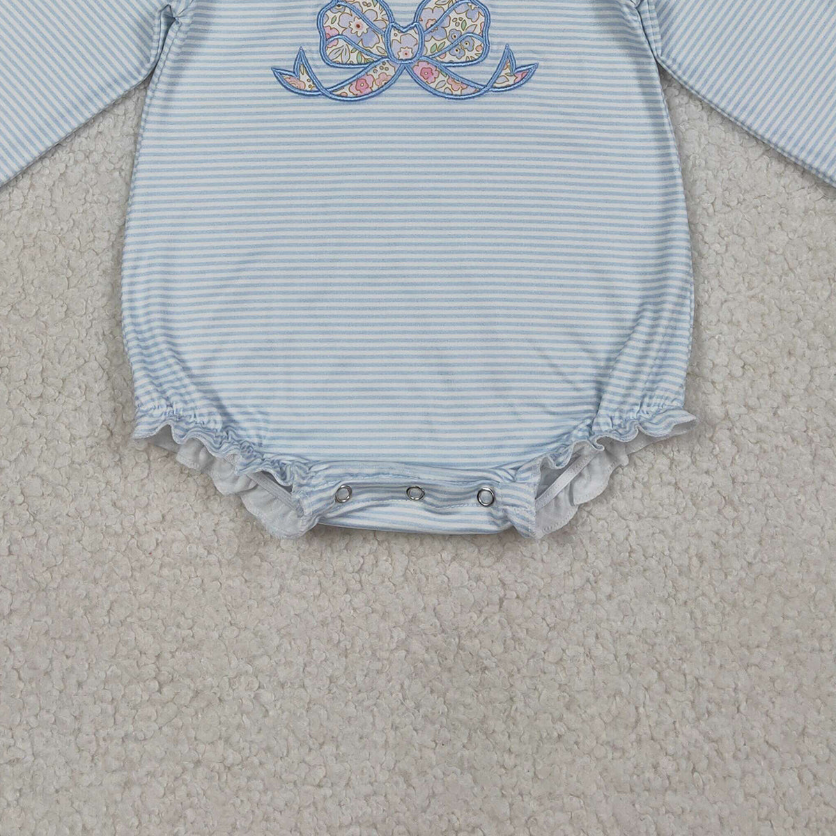 RTS NO MOQ LR2917 Baby Girls Blue Stripe Ruffle Rompers Embroidery Floral Bow