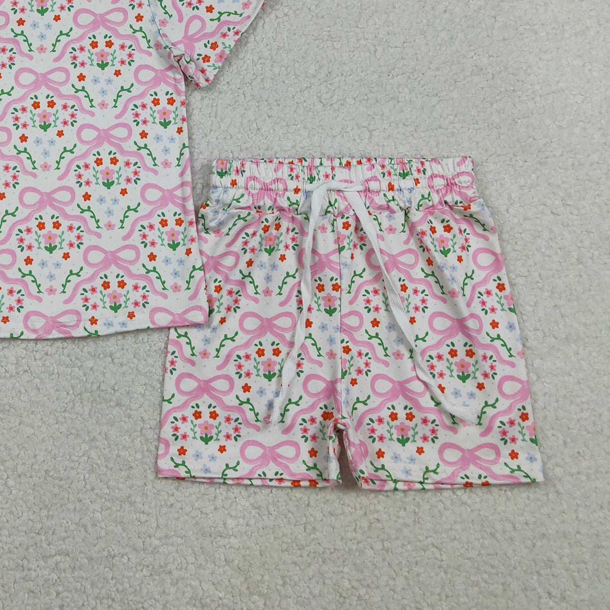 RTS NO MOQ Baby Girls Short Sleeve Bows Flowers Checked Top Shorts Slouchy Set