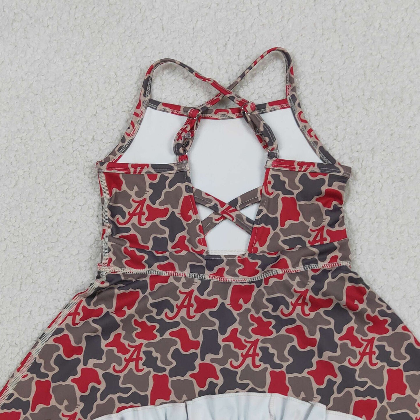 RTS NO MOQ yoga fabric GSD3592 Baby Girls Strap Camo Team Sport Style Ruffle Knee Length Dresses