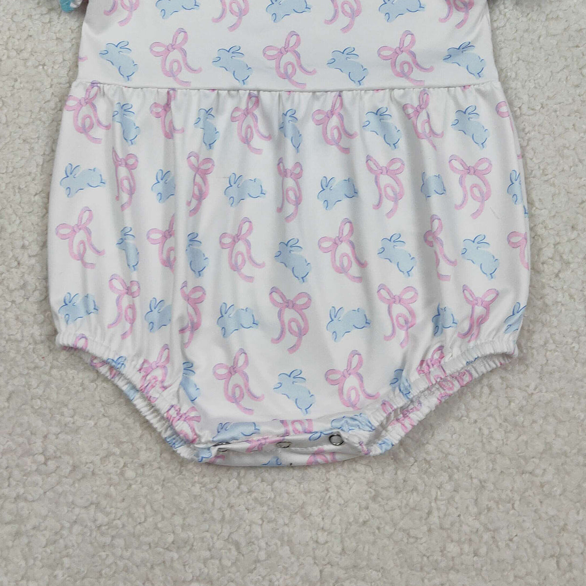 RTS NO MOQ SR3938 Baby Girls Easter Themed Ruffle Rompers with Short Sleeves Bow Detail And Cute Rabbit Collar for Infants