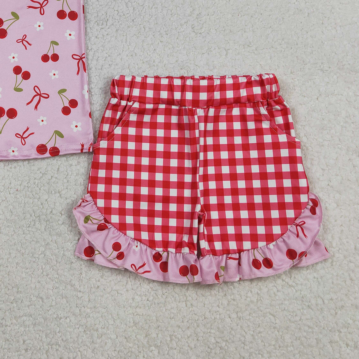 RTS NO MOQ GSSO3470 Baby Girls Cherry Blossom Print Top And Checked Ruffle Shorts Outfit Set Cute Children's Clothing