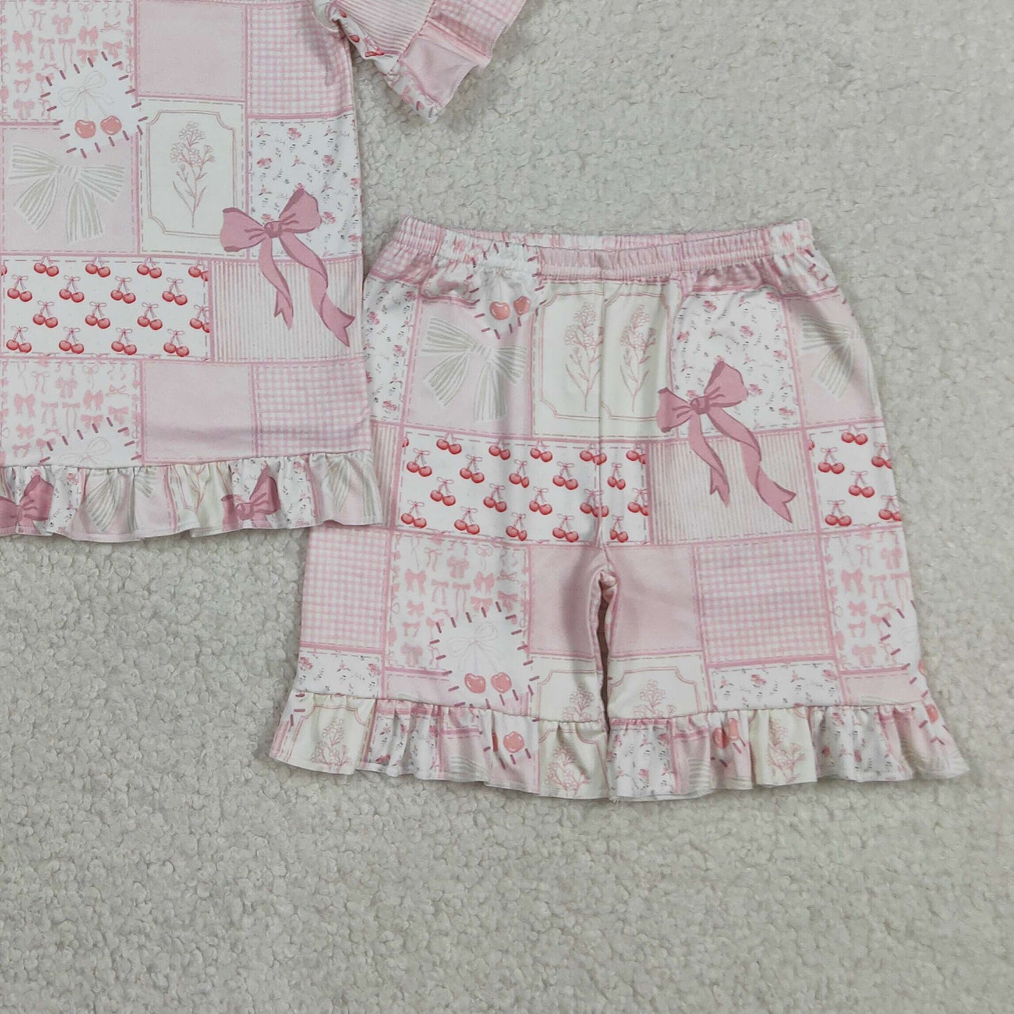 RTS NO MOQ GSSO3321 Baby Girls Cute Bows Flowers Checked Top Ruffle Pajama Shorts