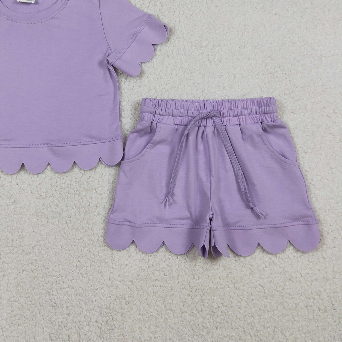 RTS NO MOQ GSSO3171 Baby Girls Lavender Short Sleeve Shirt with Pockets Scallop Edge Shorts Clothing Set Infant Outfit for Girls