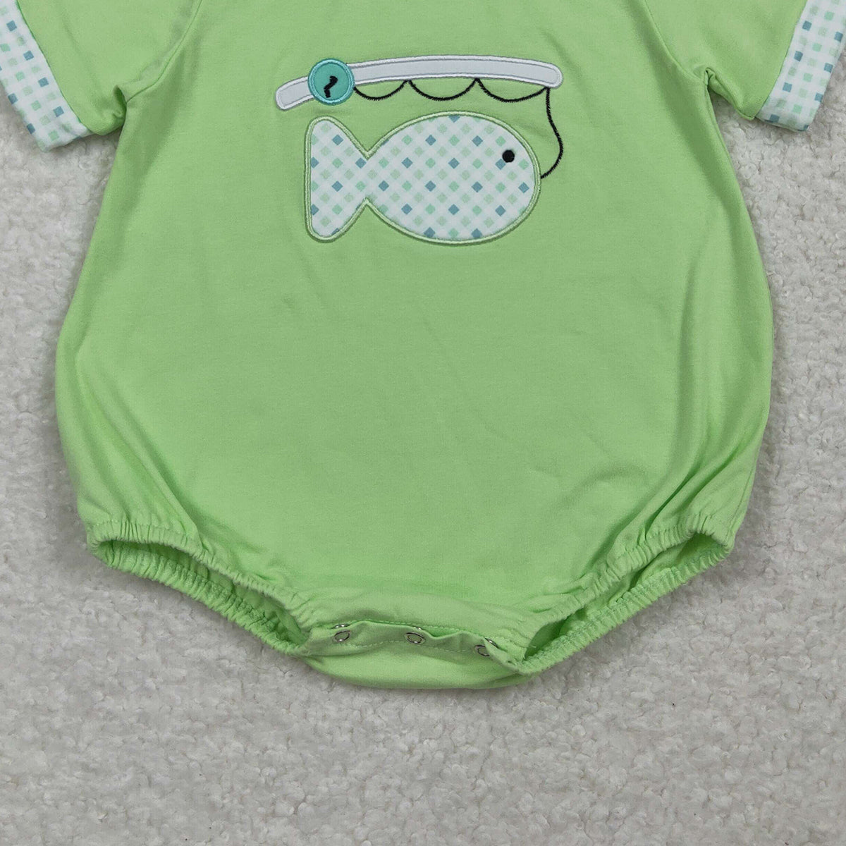RTS NO MOQ SR3750 Baby Boys Green Short Sleeve Rompers Embroidery Fishes Hunting Outfit for Infants