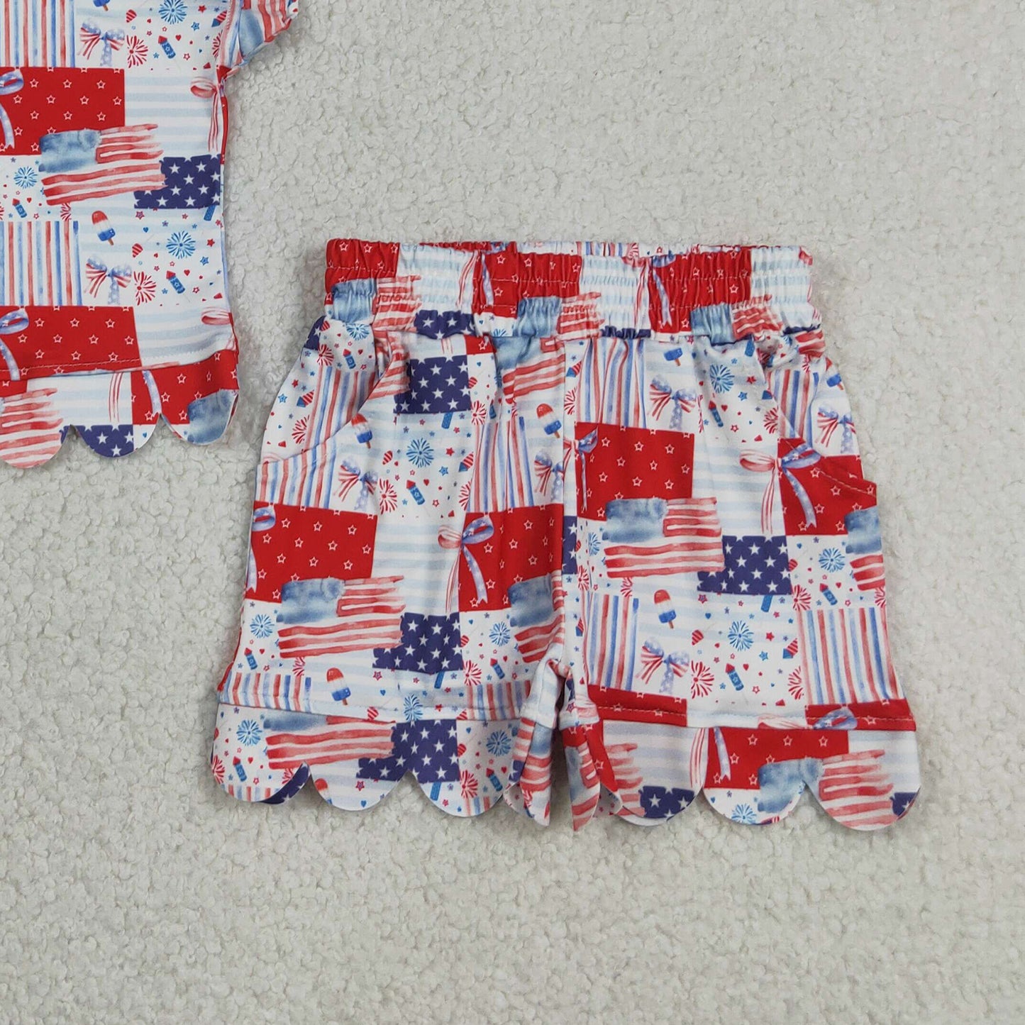 RTS NO MOQ milk silk GSSO3599 Baby Girls Bows Flags Checked Zip Top Short 4th of July Scallop Clothes Sets