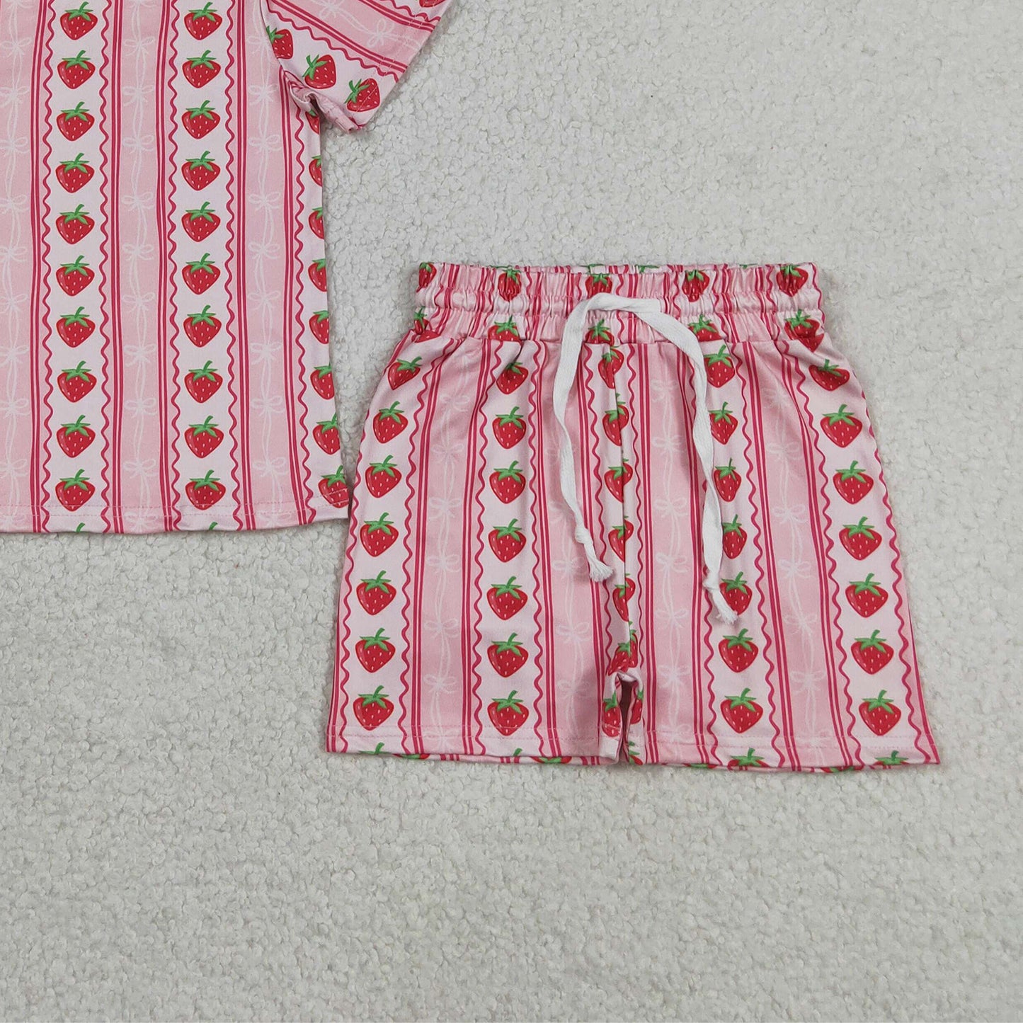 RTS NO MOQ milk silk GSSO3649 Baby Girls Strawberry Stripe Bows Top Short Pajamas Set