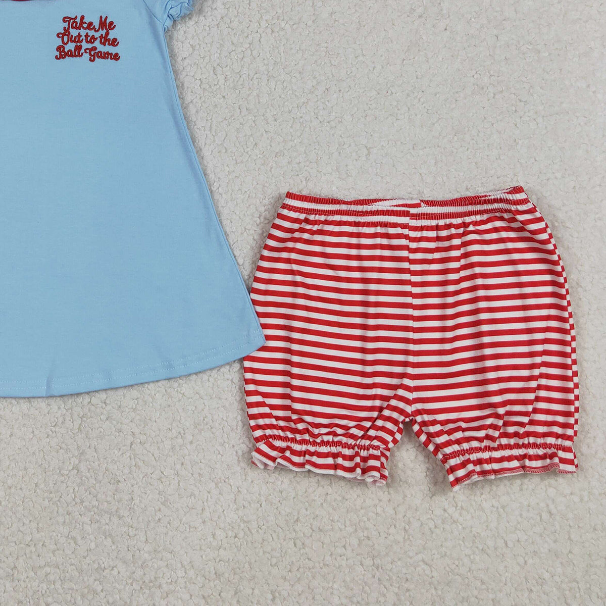 RTS NO MOQ GSSO3245 Baby Girls Embroidery Baseballs Bows Tunic Top with Stripe Ruffle Shorts Team Clothes
