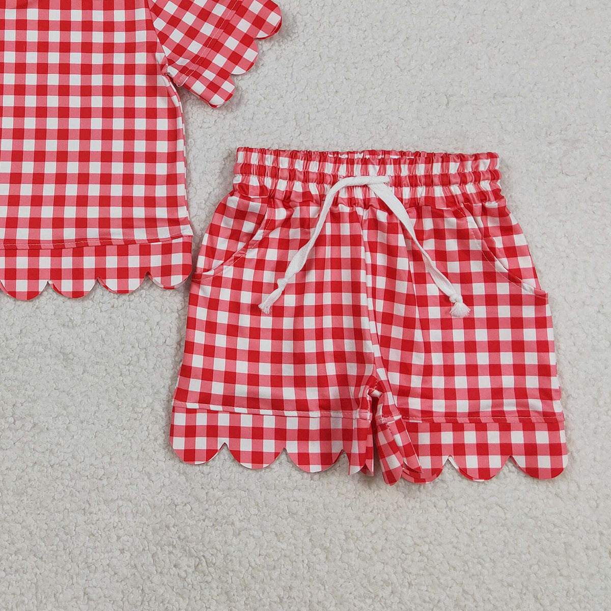 RTS NO MOQ GSSO3187 Baby Girls Red Checked Shirt Top with Pockets Short Scallop Design Clothes Set Outfit for Infants