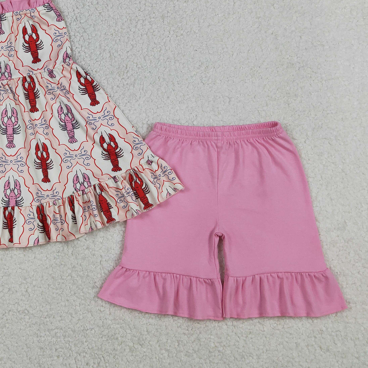 RTS NO MOQ GSSO3299 Baby Girls Checked Tunic Ruffle Shorts Outfit with Strap Bows Crayfish Clothing Set for Infants