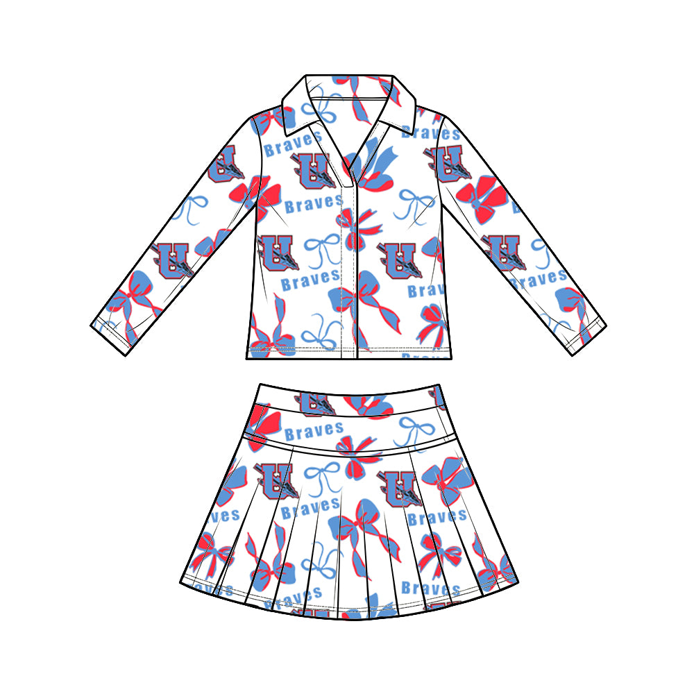 custom moq 5 mix size  XY072507 Baby Girls Summer Bow Print Long Sleeve Top Pleated Skirt Two Piece Team Yoga Outfit