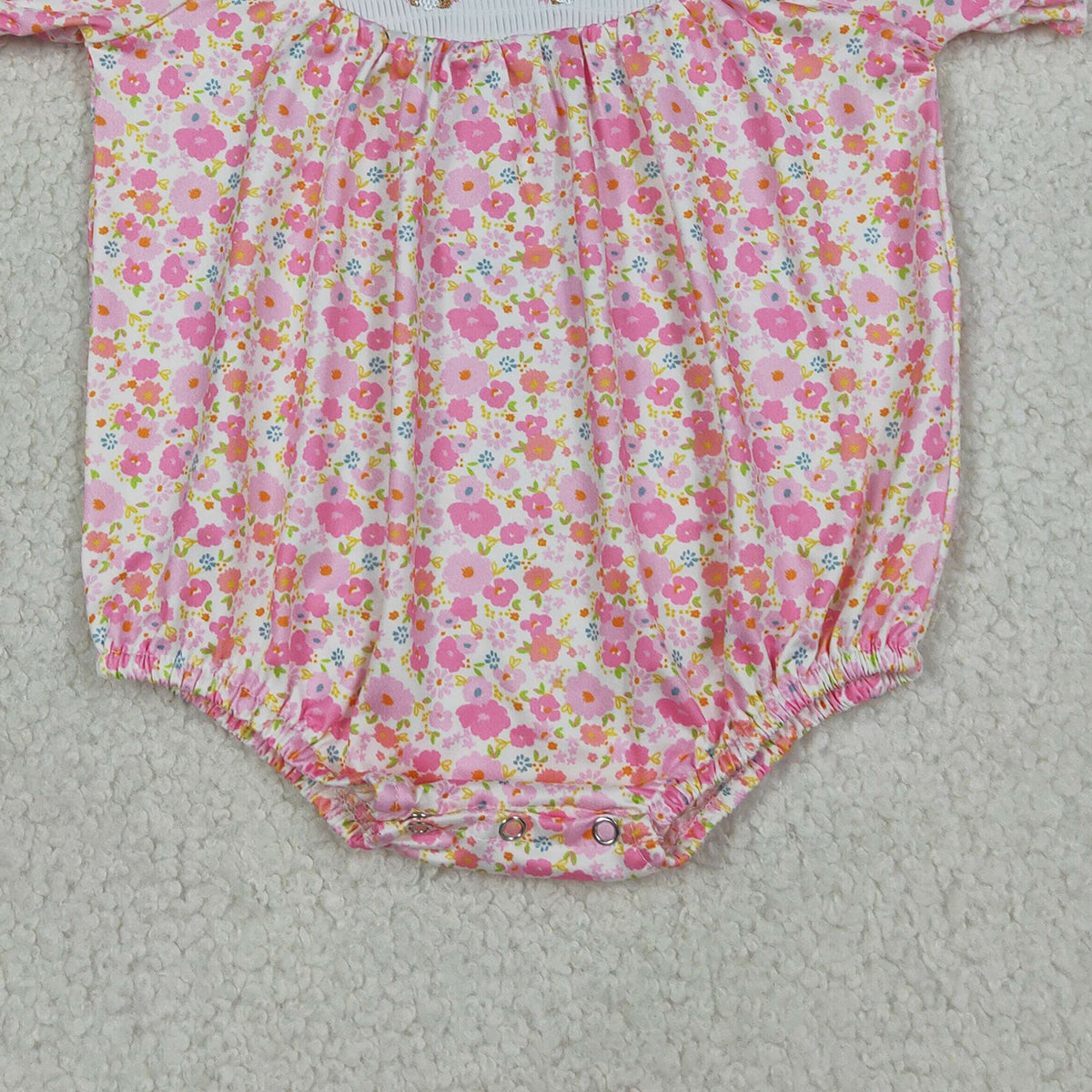 RTS NO MOQ SR3785 Baby Girls Pink Flowers Easter Ruffle Rompers Smocked Bow Rabbits Summer Outfit for Infants