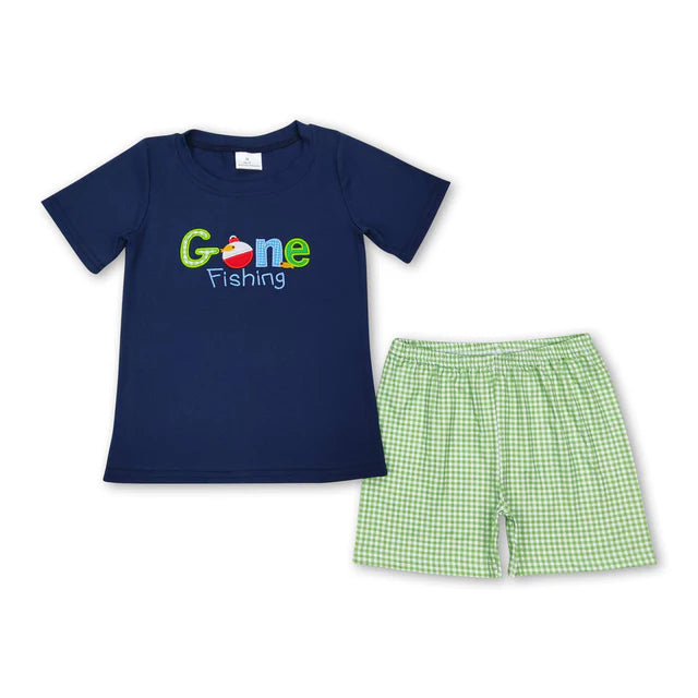 RTS NO MOQ Sibling Baby Boys Fishing Tee Orange Gingham Summer Shorts Clothes Sets