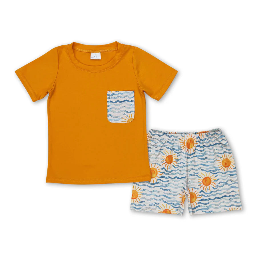 RTS NO MOQ Sibling Baby Boys Sea Sun Short Sleeve Tee Shirts Tops Shorts Clothes Sets