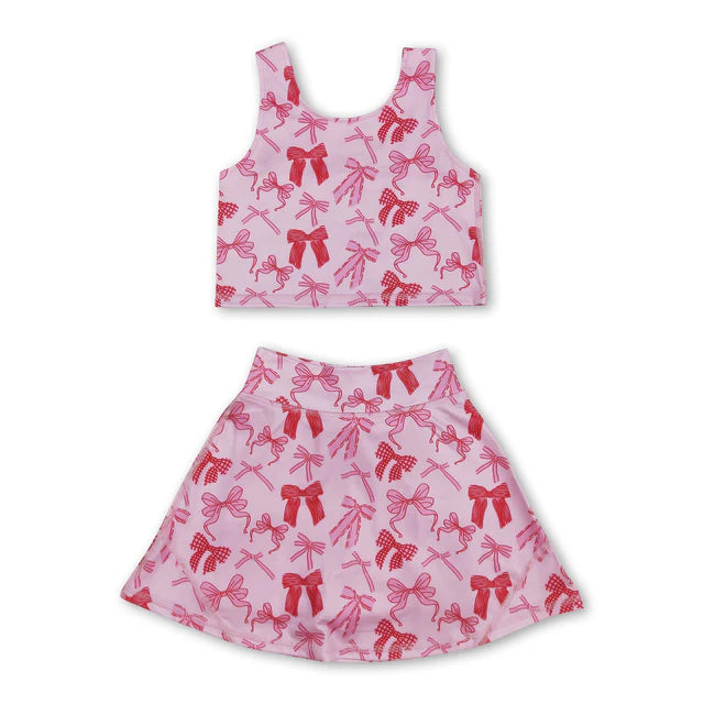RTS NO MOQ Sibling Baby Girls Flowers Bows Sleeveless Vest Yoga Athletic Skorts Sets