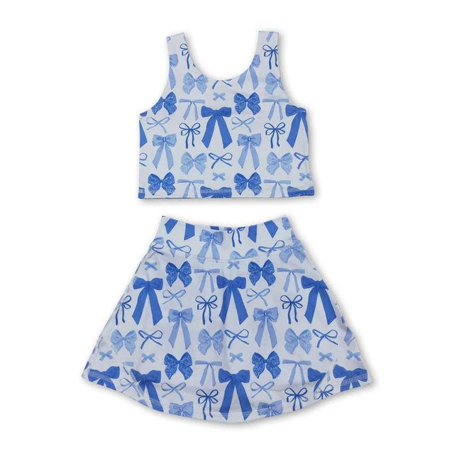 RTS NO MOQ Sibling Baby Girls Flowers Bows Sleeveless Vest Yoga Athletic Skorts Sets