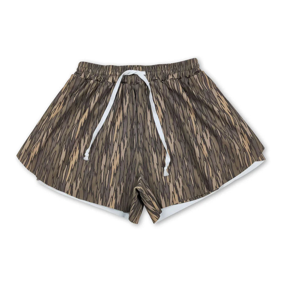 RTS NO MOQ Sibling Adult Women Southern Brown Camo Yoga Active Ruffle Shorts Bottom