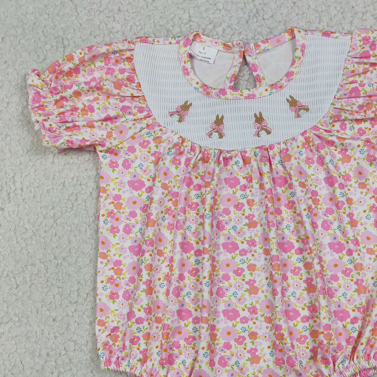 RTS NO MOQ SR3785 Baby Girls Pink Flowers Easter Ruffle Rompers Smocked Bow Rabbits Summer Outfit for Infants