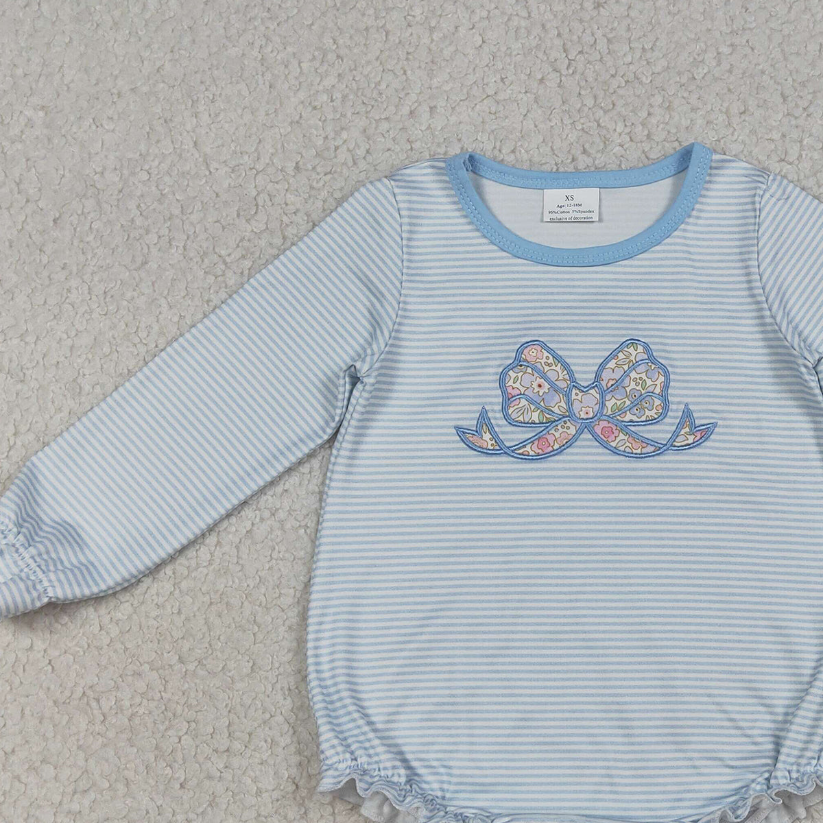 RTS NO MOQ LR2917 Baby Girls Blue Stripe Ruffle Rompers Embroidery Floral Bow