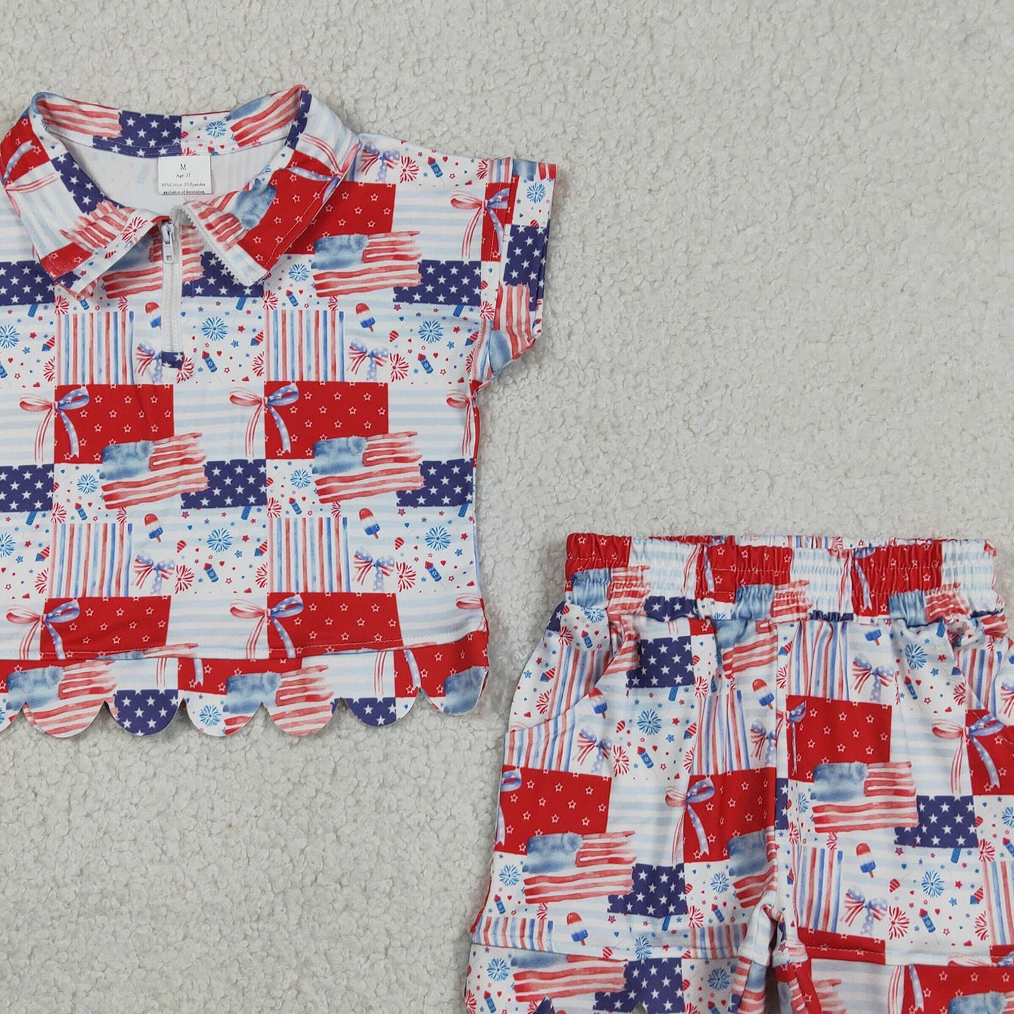 RTS NO MOQ milk silk GSSO3599 Baby Girls Bows Flags Checked Zip Top Short 4th of July Scallop Clothes Sets