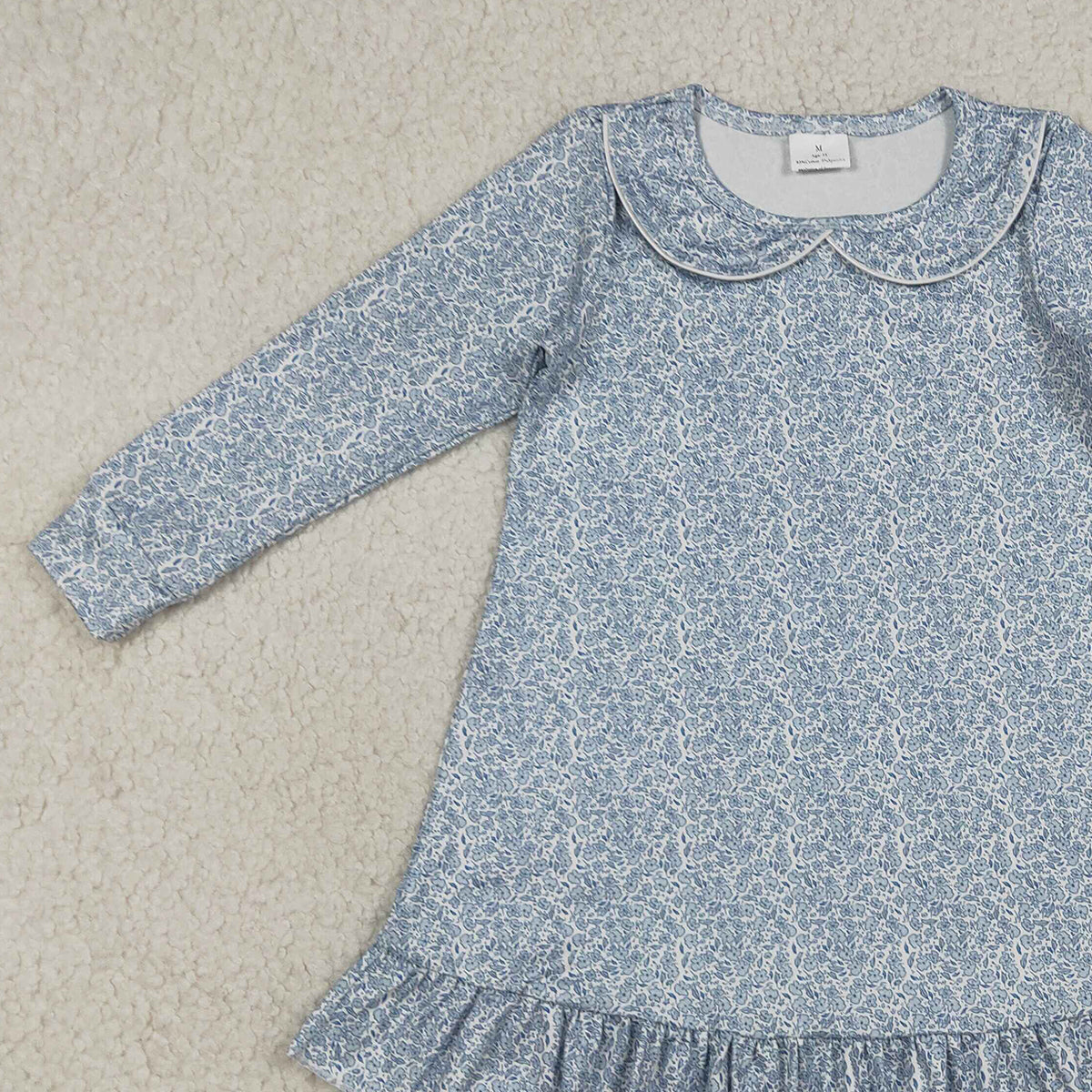 RTS NO MOQ GLD1424 Baby Girls Long Sleeve Blue Floral Collar Ruffle Knee-Length Dress Cute Infant Girl Outfit