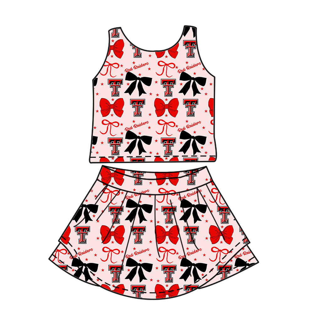 Custom moq 5 mix size milk silk summer teams baby girls clothes team bow red sleeveless skirts sets and dress 1 and dress 2 and top-25.6.23