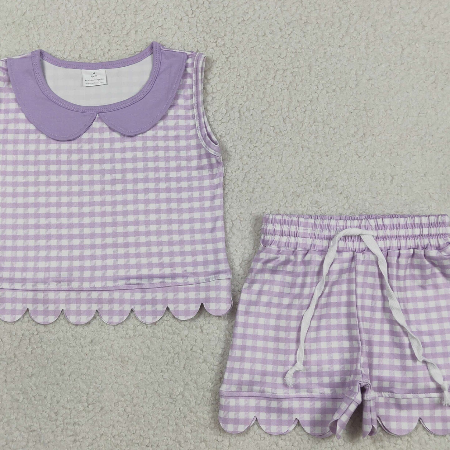 RTS NO MOQ milk silk GSSO3396 Baby Girls Lavender Check Collar Sleeveless Top Scallop Hem Shorts Set