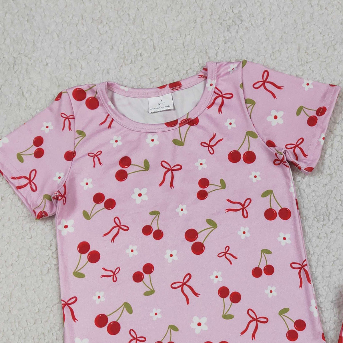 RTS NO MOQ GSSO3470 Baby Girls Cherry Blossom Print Top And Checked Ruffle Shorts Outfit Set Cute Children's Clothing