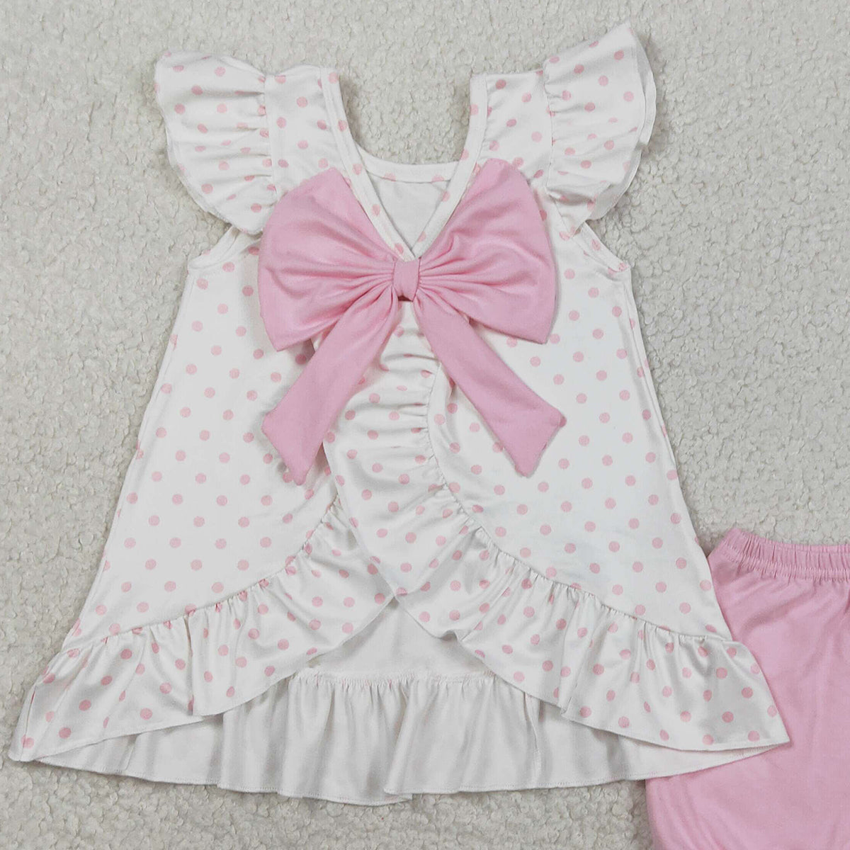 RTS NO MOQ GSSO3018 Baby Girls Easter Outfit Set Cross Polka Dots Back Bow Tunic with Ruffle Shorts