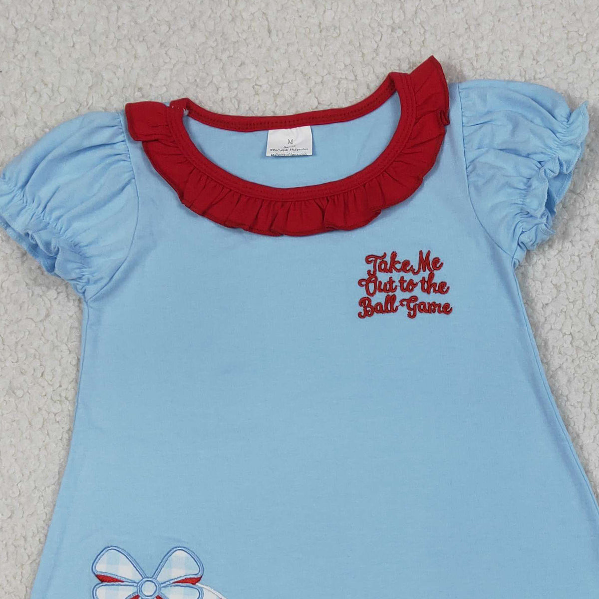 RTS NO MOQ GSSO3245 Baby Girls Embroidery Baseballs Bows Tunic Top with Stripe Ruffle Shorts Team Clothes