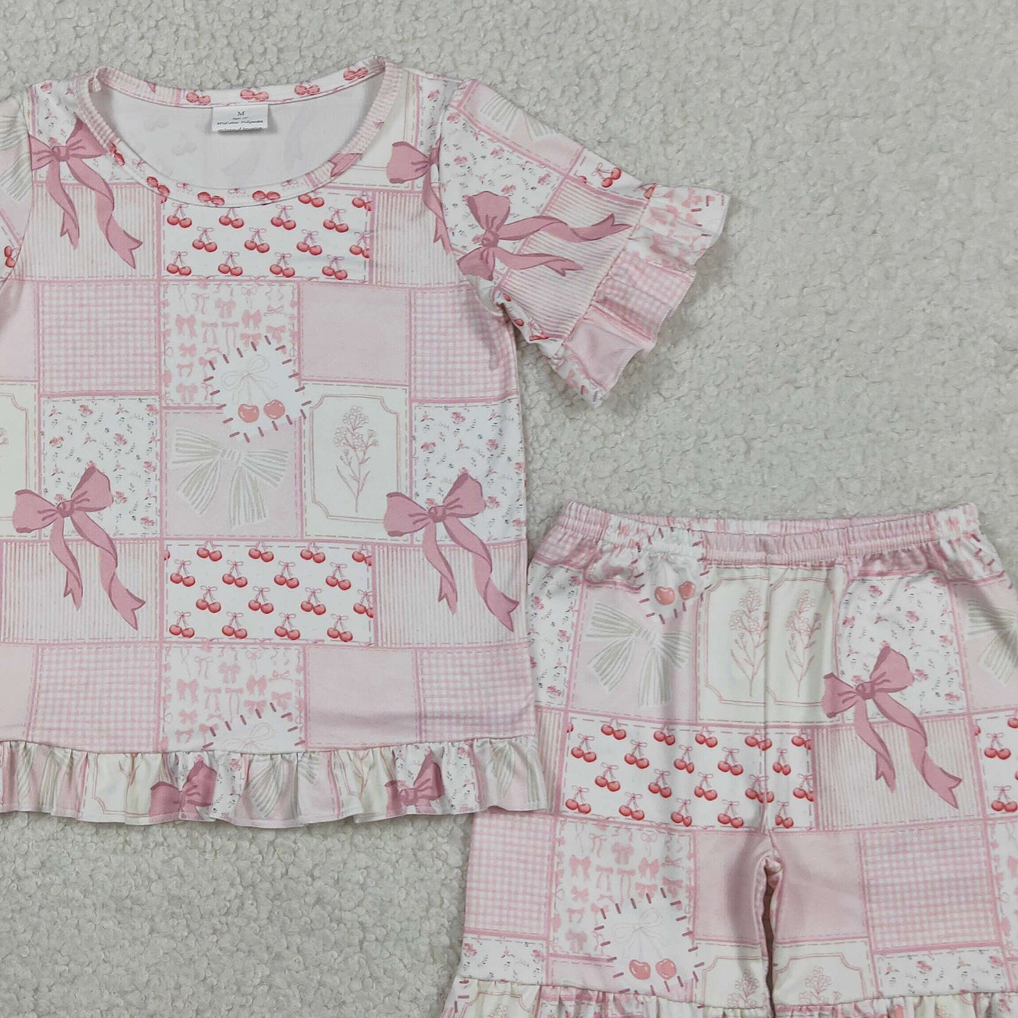 RTS NO MOQ GSSO3321 Baby Girls Cute Bows Flowers Checked Top Ruffle Pajama Shorts