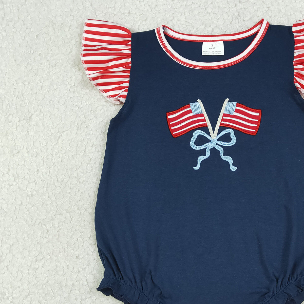 RTS NO MOQ SR3903 Baby Girls' 4th of July Ruffle Rompers with Embroidery Bows Flags And Flutter Sleeves for Infant Girls