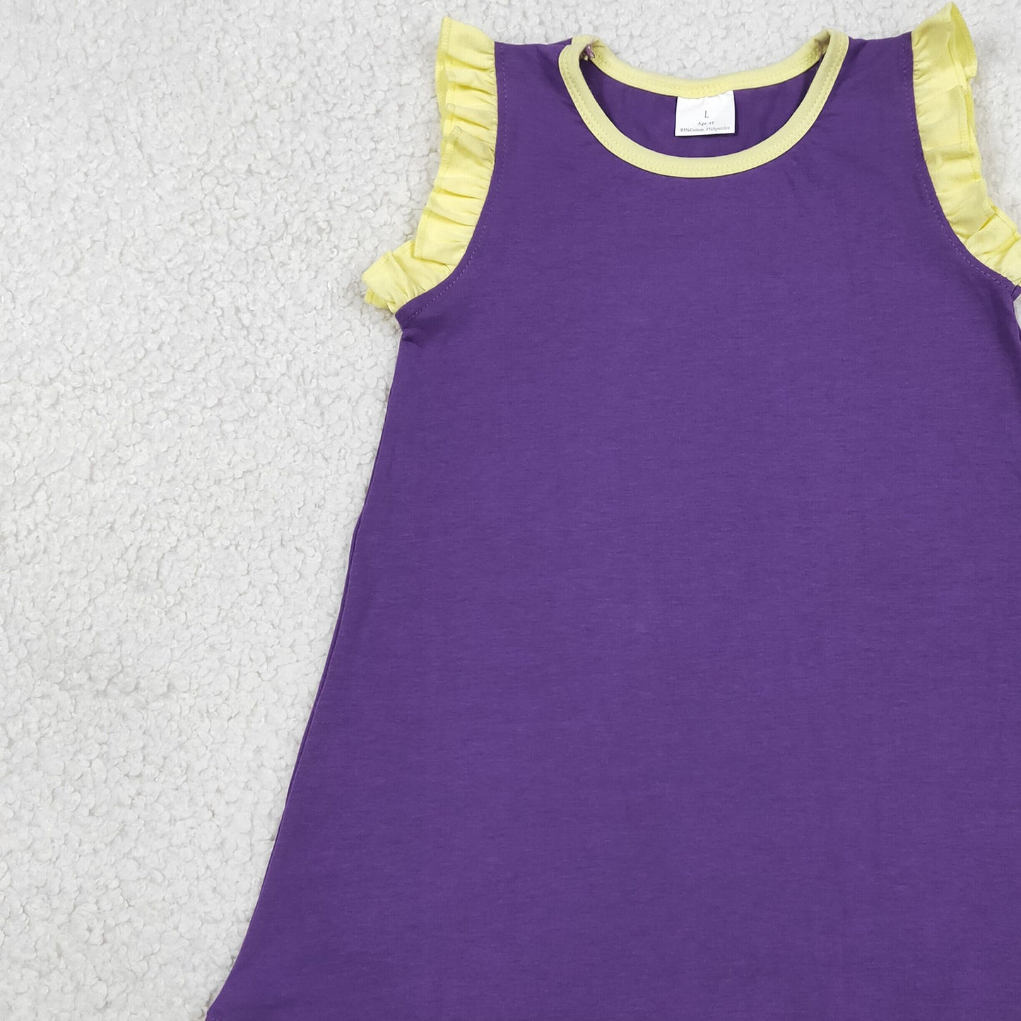RTS NO MOQ cotton GSD4046 Baby Girls Purple Yellow Two Tone Scallop Edge Sleeveless Dress