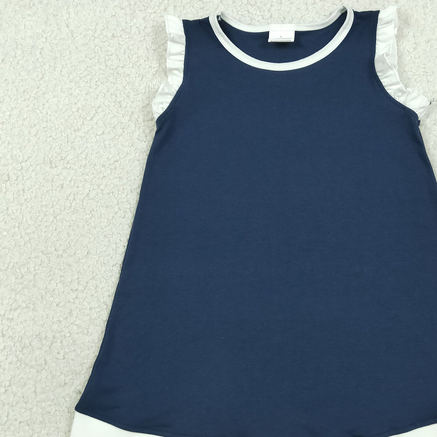 RTS NO MOQ cotton GSD4056 Baby Girls Navy White Sleeveless Scallop Knee Length Dress