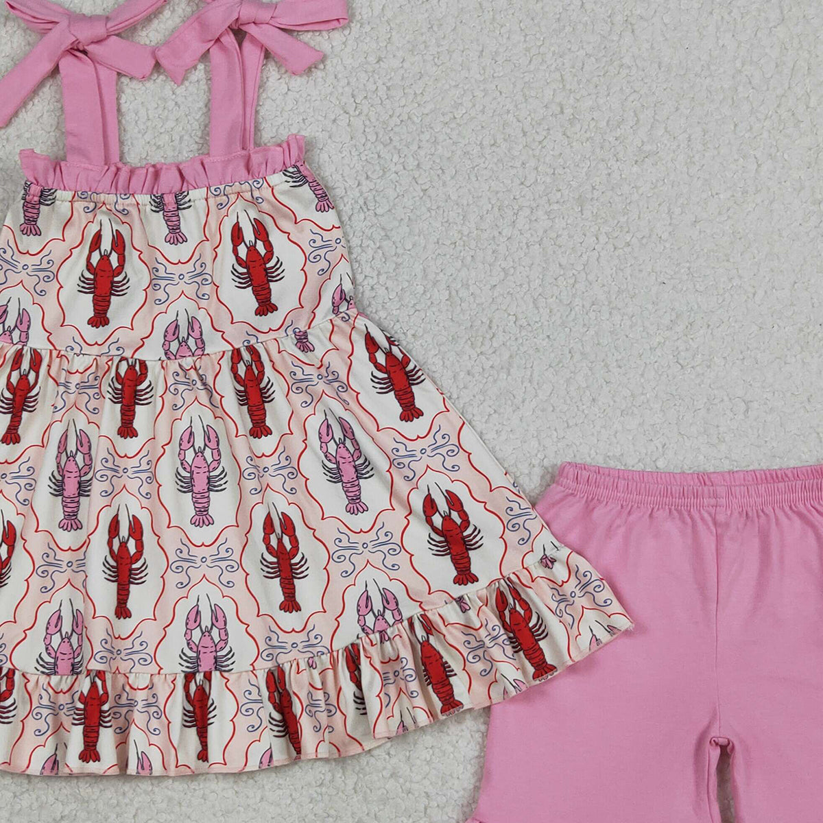 RTS NO MOQ GSSO3299 Baby Girls Checked Tunic Ruffle Shorts Outfit with Strap Bows Crayfish Clothing Set for Infants
