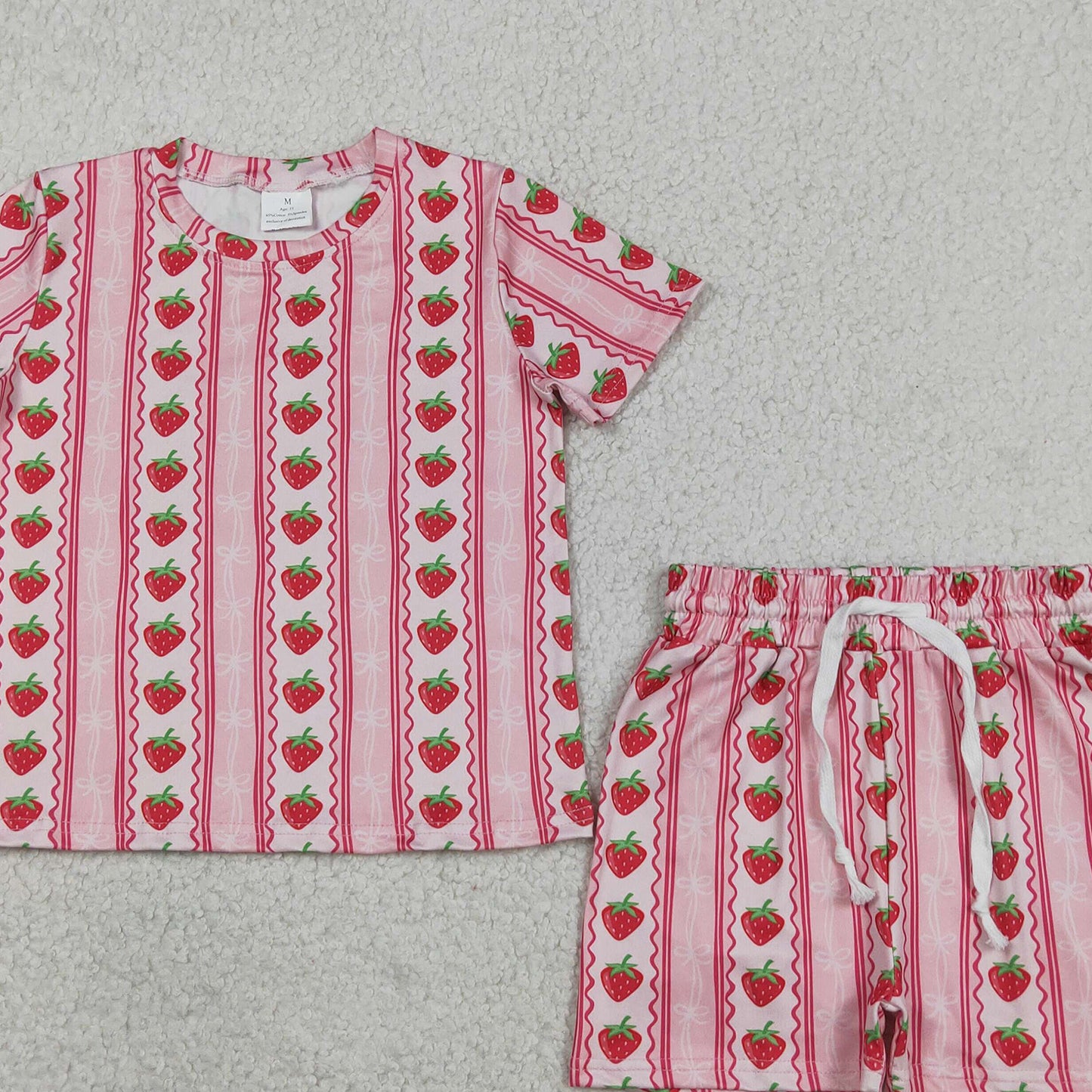 RTS NO MOQ milk silk GSSO3649 Baby Girls Strawberry Stripe Bows Top Short Pajamas Set