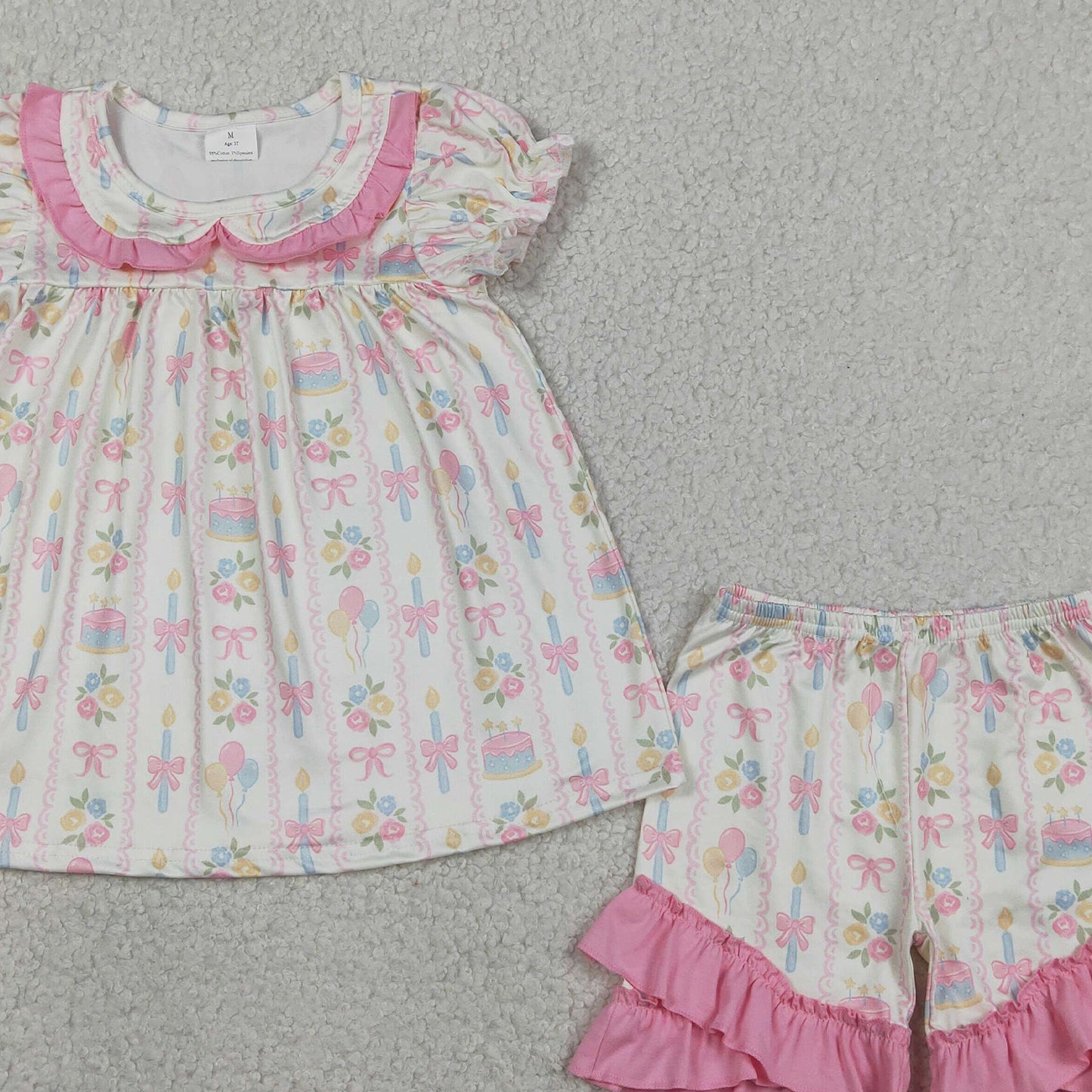 RTS NO MOQ GSSO3445 Baby Girls Summer Stripe Collar Colorful Bow Floral Short Set