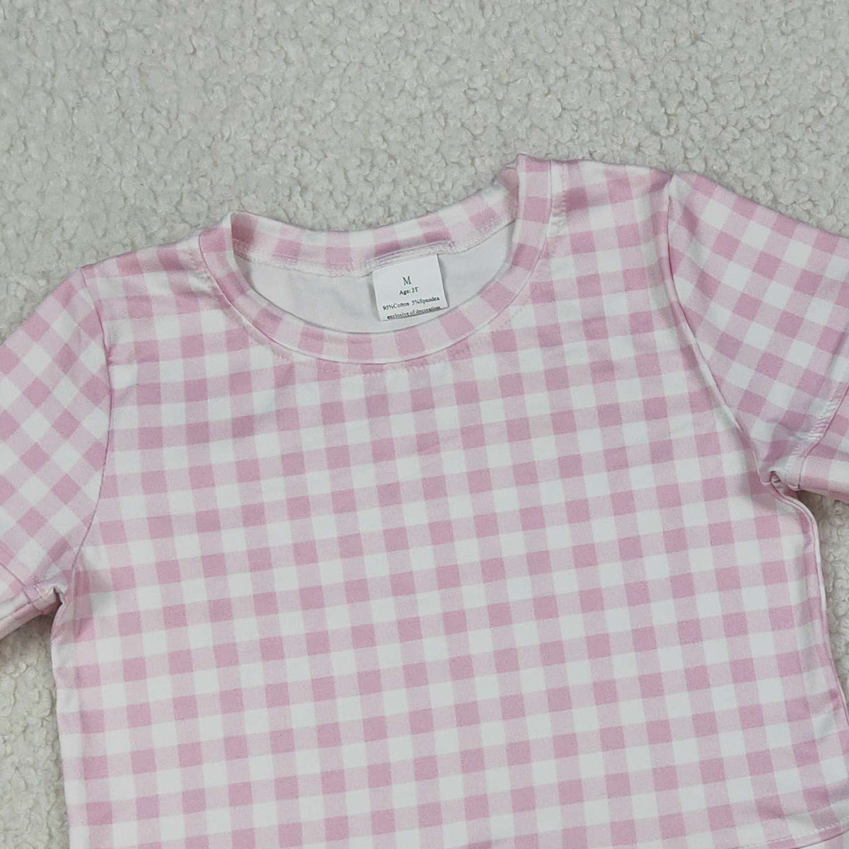 RTS NO MOQ GSSO3183 Baby Girls Light Pink Checked Short Sleeve Top And Scallop Shorts Set