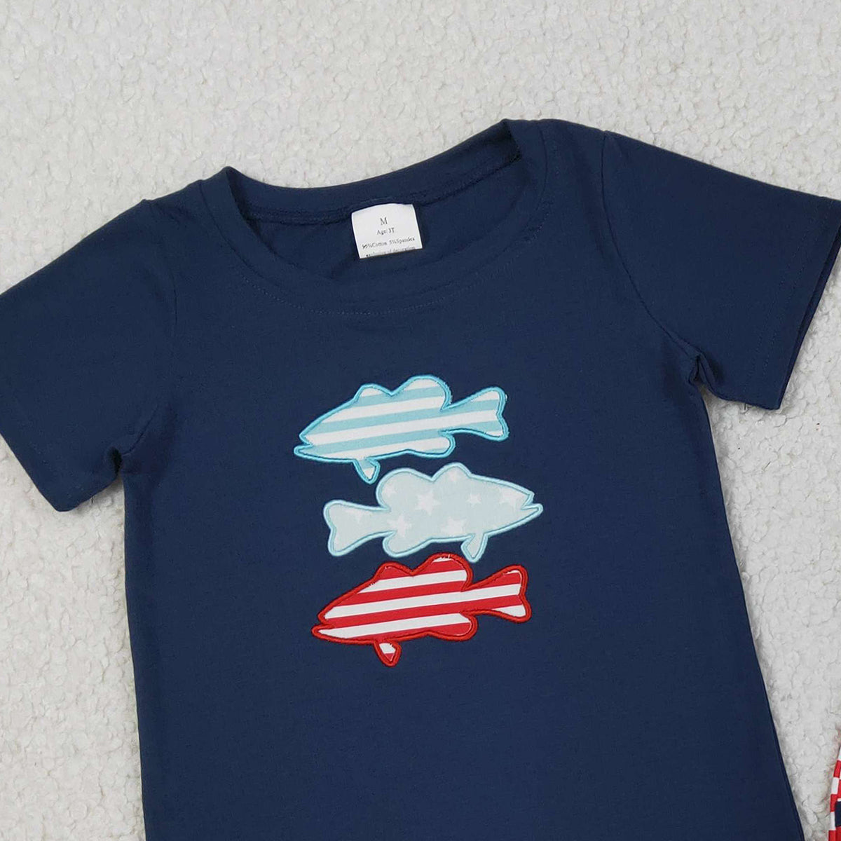 RTS NO MOQ BSSO1741 Embroidered Fish Baby Boys Outfit with Stripe Top And Shorts Clothing Set for 4th of July