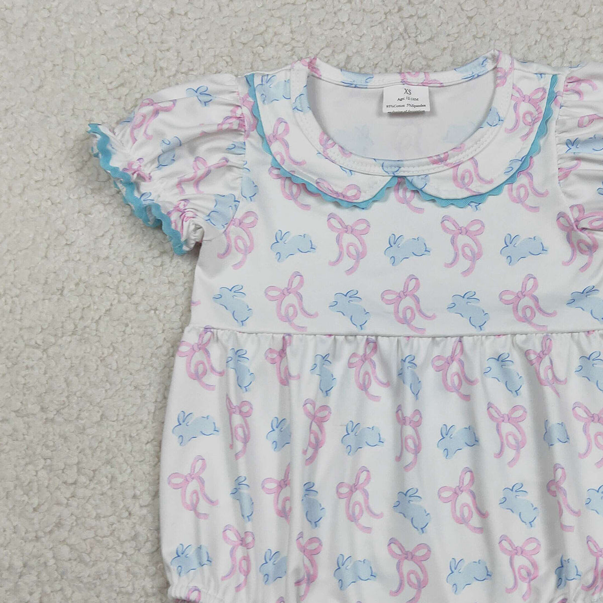 RTS NO MOQ SR3938 Baby Girls Easter Themed Ruffle Rompers with Short Sleeves Bow Detail And Cute Rabbit Collar for Infants