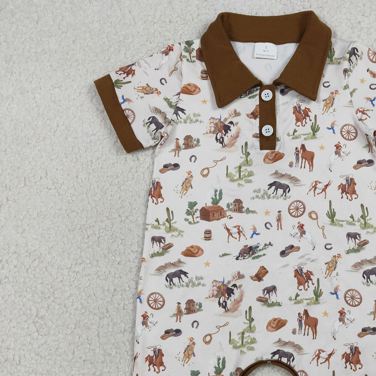 RTS NO MOQ SR3882 Baby Boys Western Short Rompers Button Horse Rodeos Cactus Print Outfit for Infants