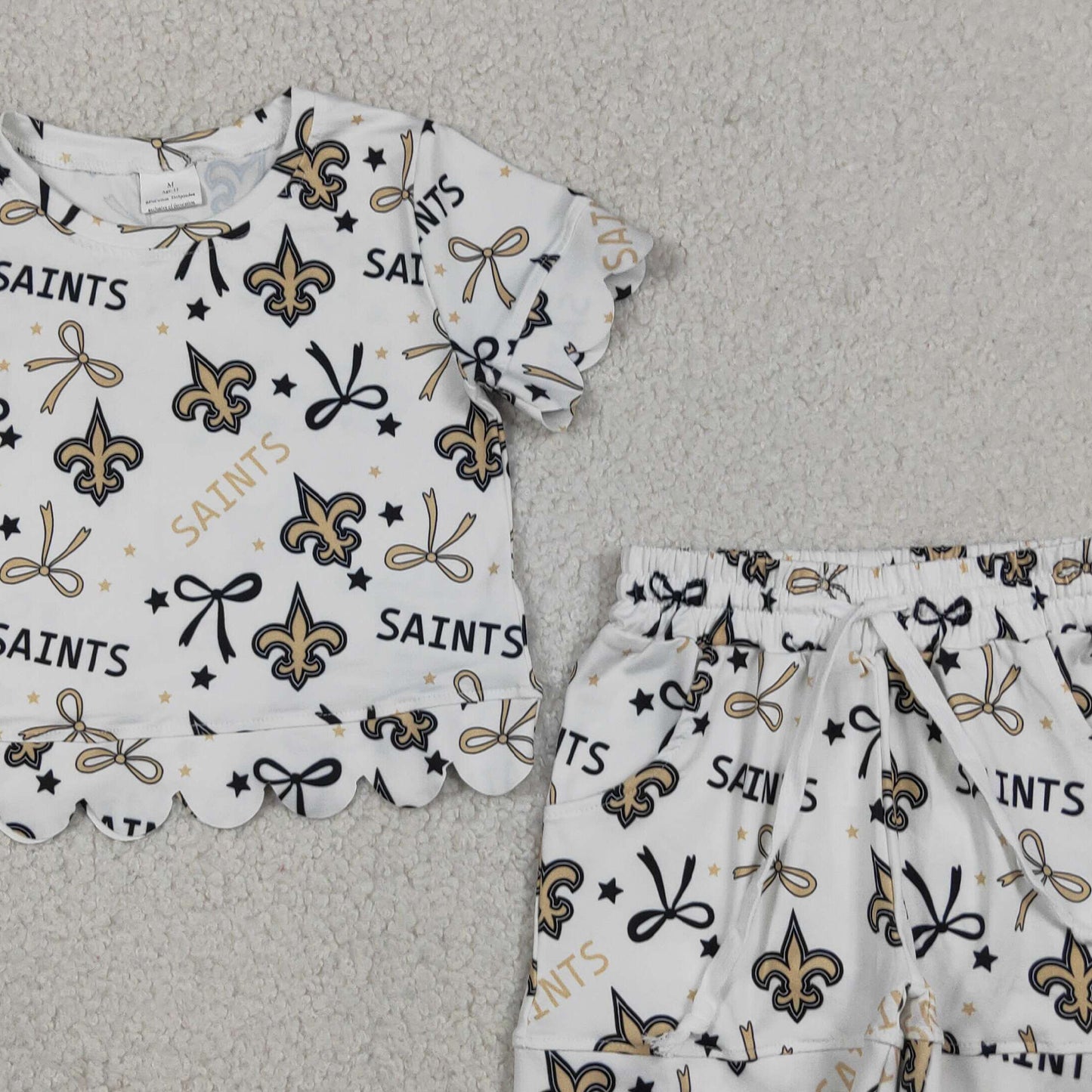 RTS NO MOQ milk silk GSSO3561 Little Girls Team Style Star Bow Scallop Edge Casual Wear Set