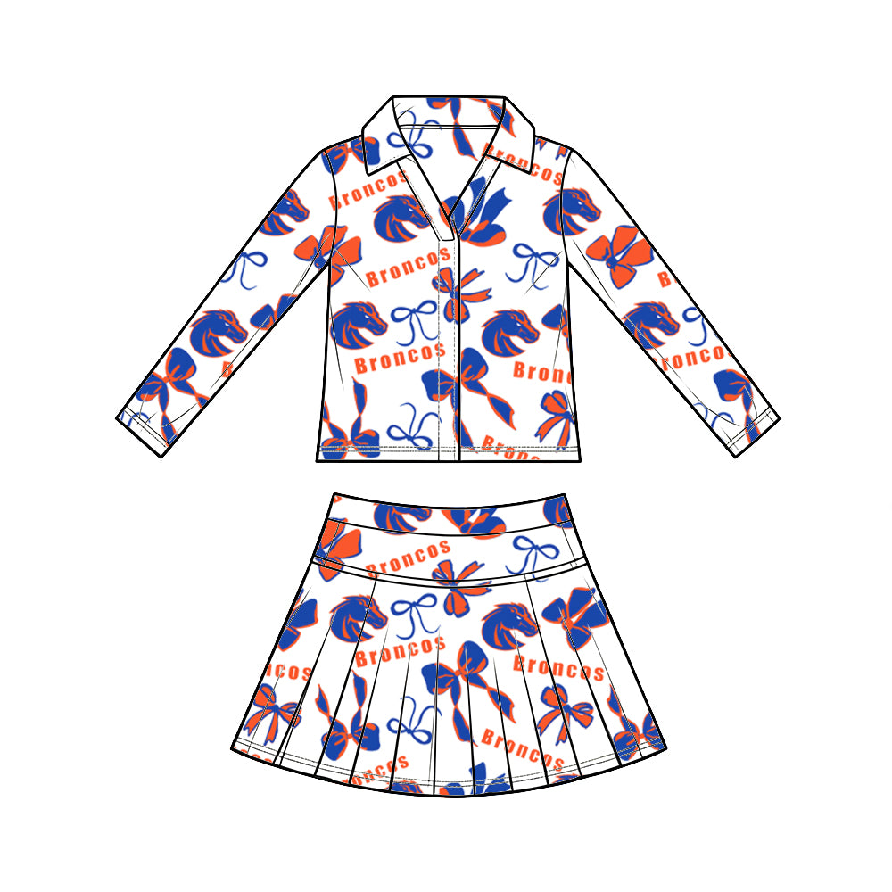 custom moq 5 mix size  XY072507 Baby Girls Summer Bow Print Long Sleeve Top Pleated Skirt Two Piece Team Yoga Outfit