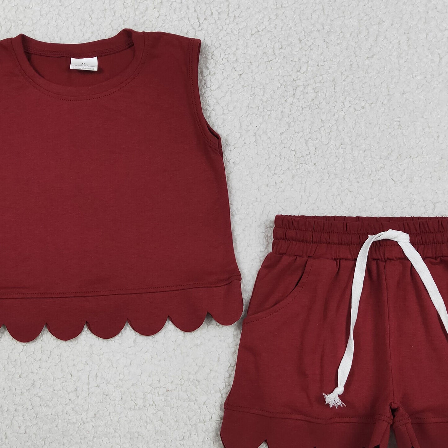 RTS NO MOQ cotton GSSO3734 Baby Girls Maroon Sleeveless Top Scallop Pocket Cotton Clothes Set