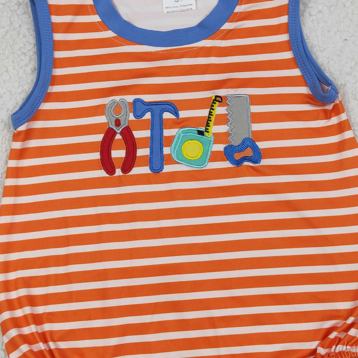 RTS NO MOQ SR3943 Baby Boys Embroidery Tools Sleeveless Orange Stripe Rompers for Newborns
