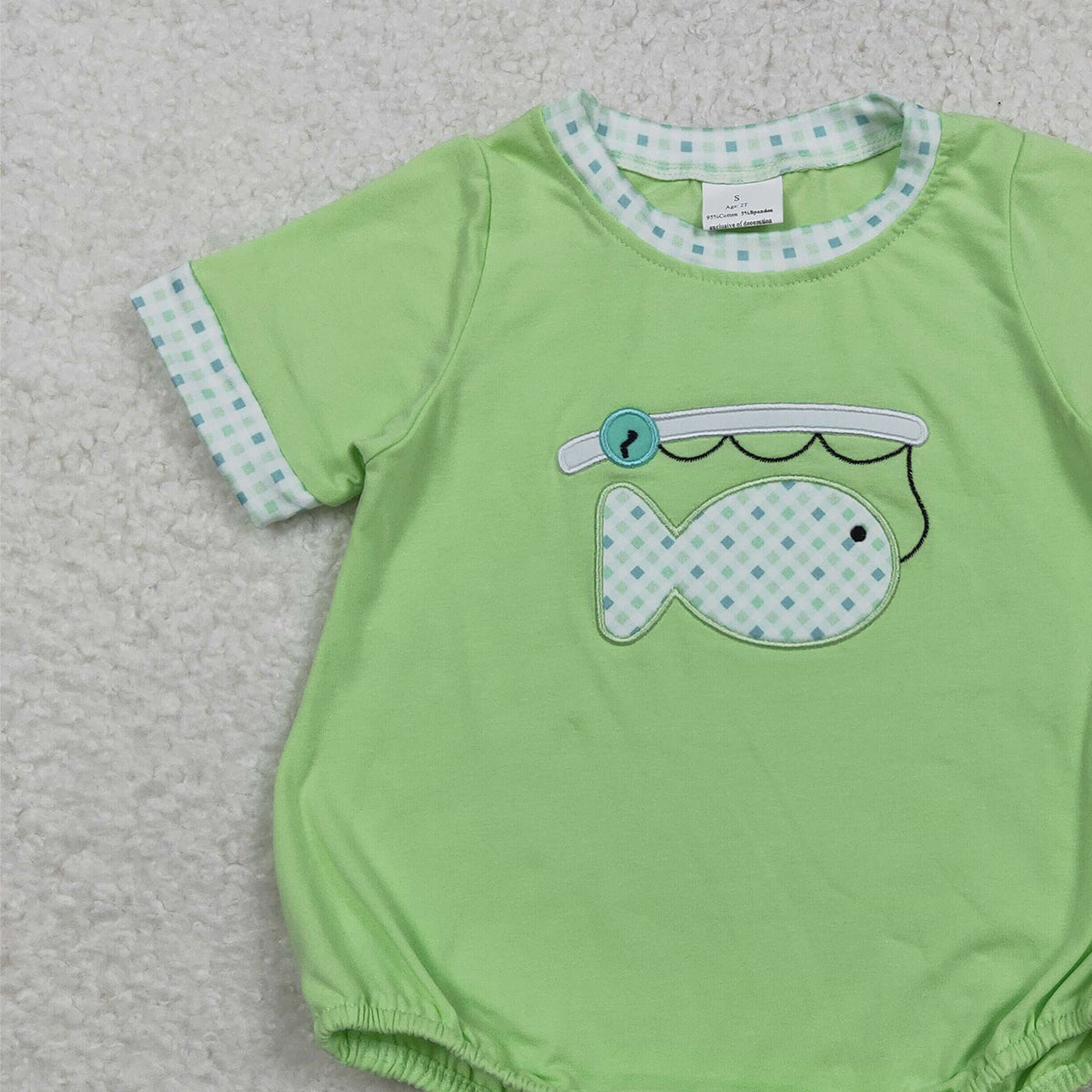 RTS NO MOQ SR3750 Baby Boys Green Short Sleeve Rompers Embroidery Fishes Hunting Outfit for Infants