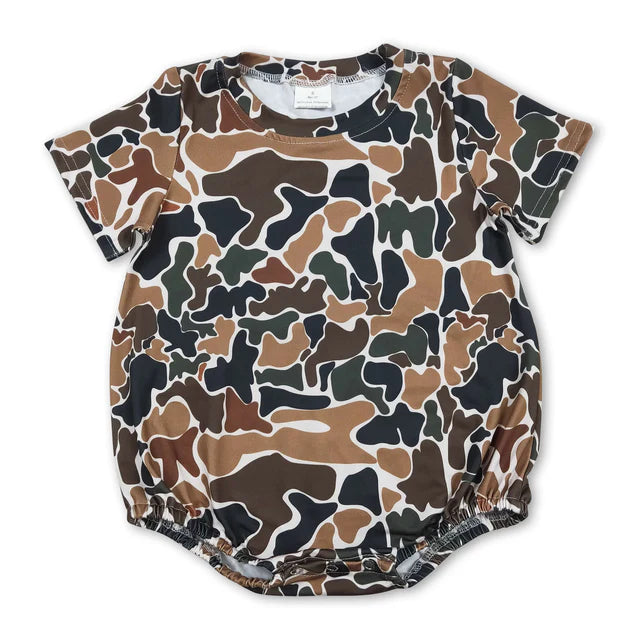 RTS NO MOQ Sibling Baby Boys Short Sleeve Green Orange Camo Southern Rompers