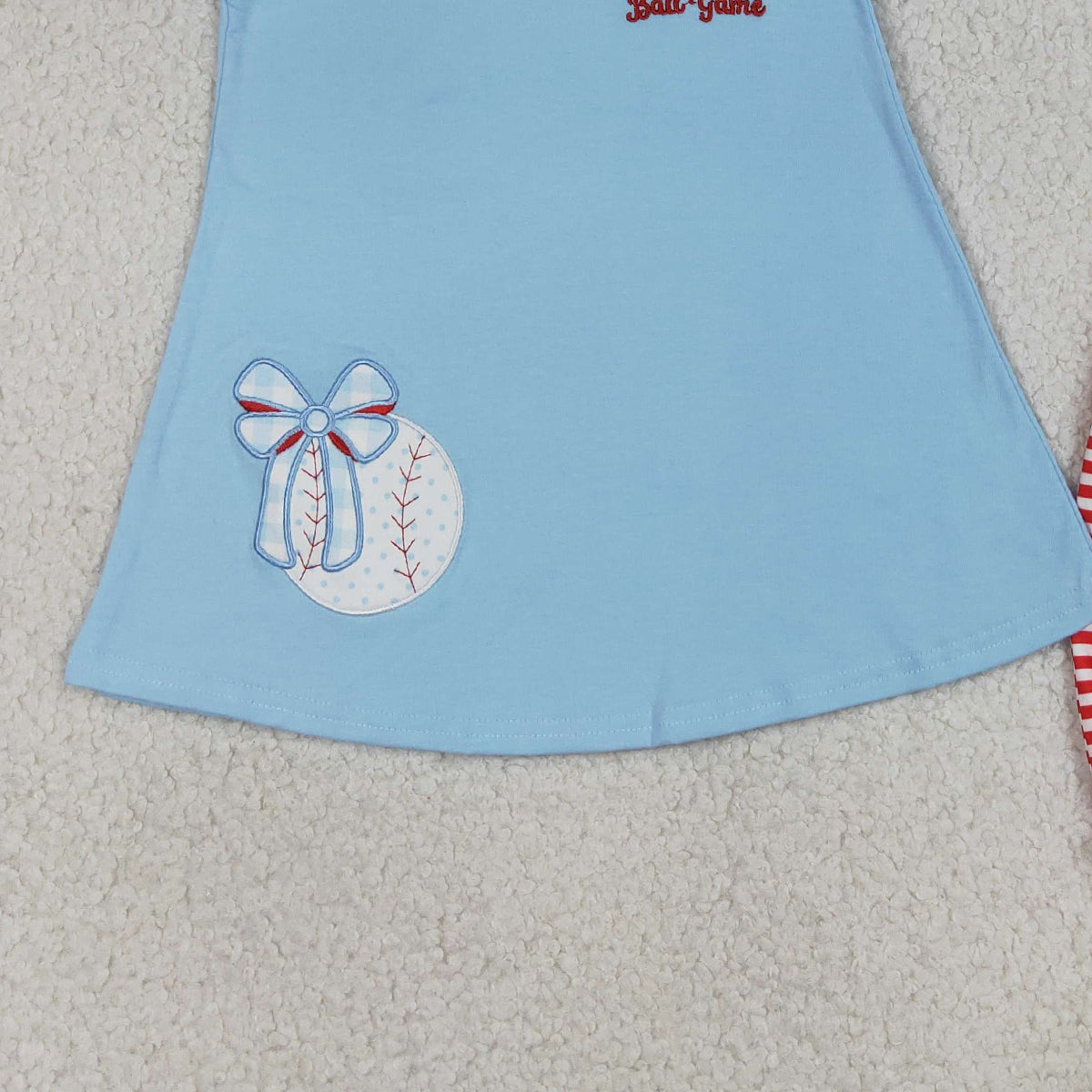 RTS NO MOQ GSSO3245 Baby Girls Embroidery Baseballs Bows Tunic Top with Stripe Ruffle Shorts Team Clothes